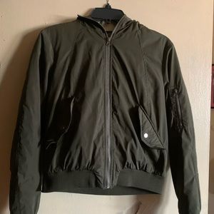 Gently used forever 21 green flight puffer jacket with blue fur lined hood